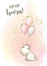 Verjaardagskaart nijlpaard met strik en ballonnen