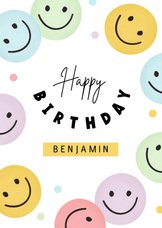 Verjaardagskaart smileys happy birthday confetti blij