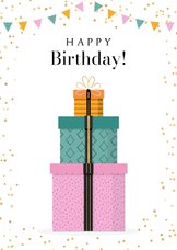 Verjaardagskaart stapel kleurrijke kado's met goudlook lint