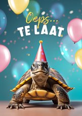 Verjaardagskaart te laat sloom schildpad ballonnen confetti