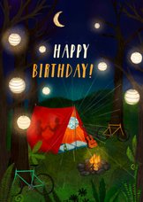 Verjaardagskaart tent met feest in het bos