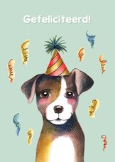 Verjaardagskaart terriër hond met feest hoedje