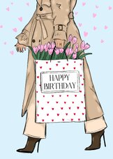 Verjaardagskaart tulpen tas vrouw