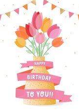 Verjaardagskaart tulpen tekstlint slingers & confetti