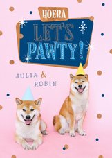 Verjaardagskaart tweeling hond feest confetti pawty