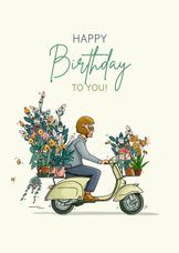 Verjaardagskaart Vespa scooter met bloemen