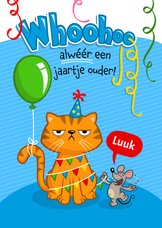 Verjaardagskaart vrolijke kat met ballon