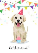 Verjaardagskaart vrolijke puppy cupcake confetti en slingers