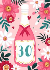 Verjaardagskaart vrouw bloemen champagne roze hartjes