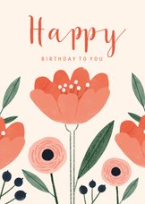 Verjaardagskaart vrouw roze bloemen happy birthday to you
