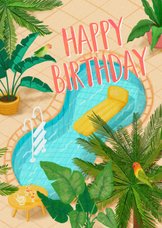 Verjaardagskaart zwembad met luchtbed en cocktails