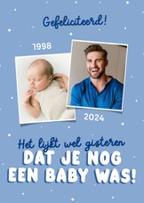 Verjaardagskaartje blauw met babyfoto voor een zoon