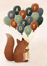 Verjaardagskaartje eekhoorn met ballonnen en goud stoer