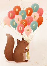 Verjaardagskaartje eekhoorn tros ballonnen happy birthday