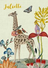 Vintage geboortekaartje met giraffe en bloemen