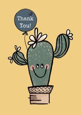 Vrolijke bedankkaart met cactus in pot en lichtblauwe ballon