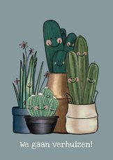 Vrolijke blauw-grijze verhuiskaart vol met cactussen