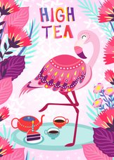 Vrolijke high tea uitnodiging met flamingo, taart en bloemen