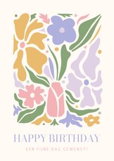 Vrolijke hippe verjaardagskaart vrouw - met bloemen in vaas
