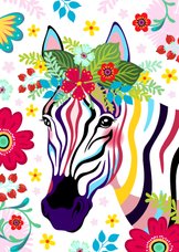 Vrolijke hippe verjaardagskaart zebra met bloemen.