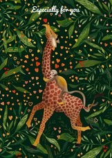 Vrolijke kaart met giraffe en aapje