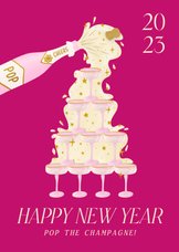 Vrolijke knalroze nieuwjaarskaart met champagnetoren