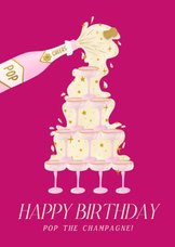 Vrolijke knalroze verjaardagskaart met champagnetoren
