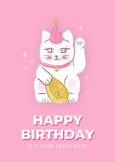  Vrolijke roze verjaardagskaart met gelukskatje