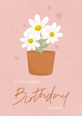 Vrolijke roze verjaardagskaartje met lachende bloemen