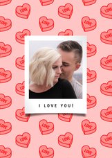 Vrolijke valentijnskaart met foto en snoep hartjes