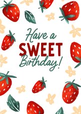 Vrolijke verjaardagskaart met aardbeien en bloemen