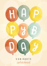 Vrolijke verjaardagskaart met ballonnen en Happy Bday