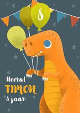 Vrolijke verjaardagskaart met dino, slingers en ballonnen