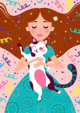 Vrolijke verjaardagskaart met een meisje met kat en confetti
