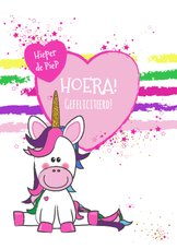  Vrolijke verjaardagskaart met een unicorn en hartjes