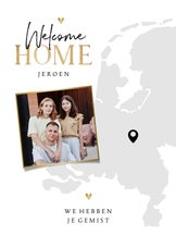 Welcome home vakantiekaart met landkaart en eigen foto