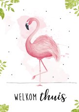 Welkom thuis kaart met tropische bladeren en roze flamingo