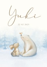 Winters geboortekaartje met een konijn ijsbeer en vogeltje