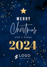 Zakelijke kerstkaart blauw 'Merry Christmas" 2024 goudlook