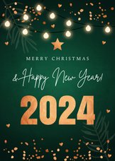 Zakelijke kerstkaart groen lampjes 2024 koperlook