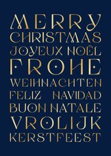 Zakelijke kerstkaart met verschillende talen blauw en goud