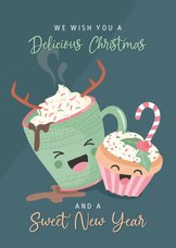 Zoete kerstkaart met illustratie van warme choco en muffin