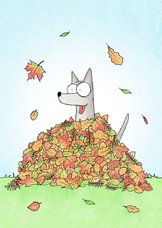 Zomaar een kaart met een hond in een bladerhoop