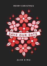  Zwarte kerst save the date kaart met rode en roze bloemen