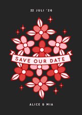  Zwarte save the date kaart met rode en roze bloemen