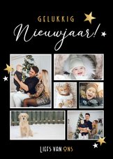 Zwarte staande fotocollage nieuwjaarskaart met 6 foto's