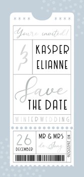 Save the Date trouwkaart winter wedding ticket blauw