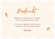 Bedankt lentefeest roze streep met oranje vogeltjes golfvorm Achterkant