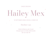 Golvend geboortekaartje met lila waterverf en bloempjes Achterkant