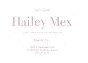 Golvend geboortekaartje met lila waterverf en bloempjes Achterkant